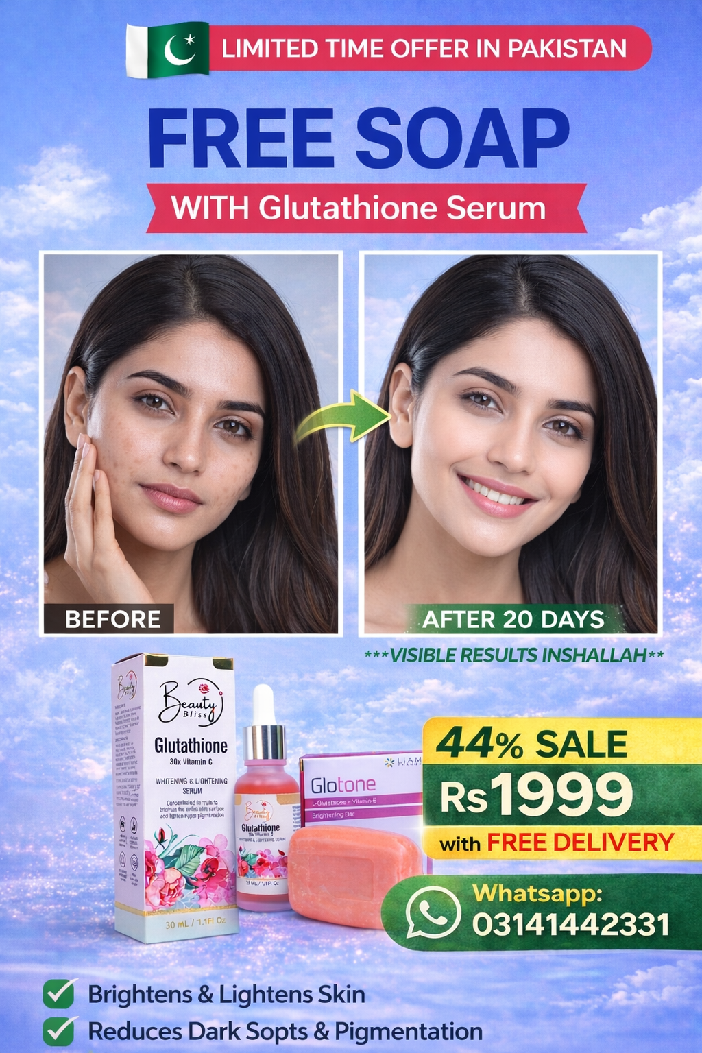 GLUTATHIONE + 30X VITAMIN C SERUM + GLUTAX SOAP FREE Hot 🔥 Sale